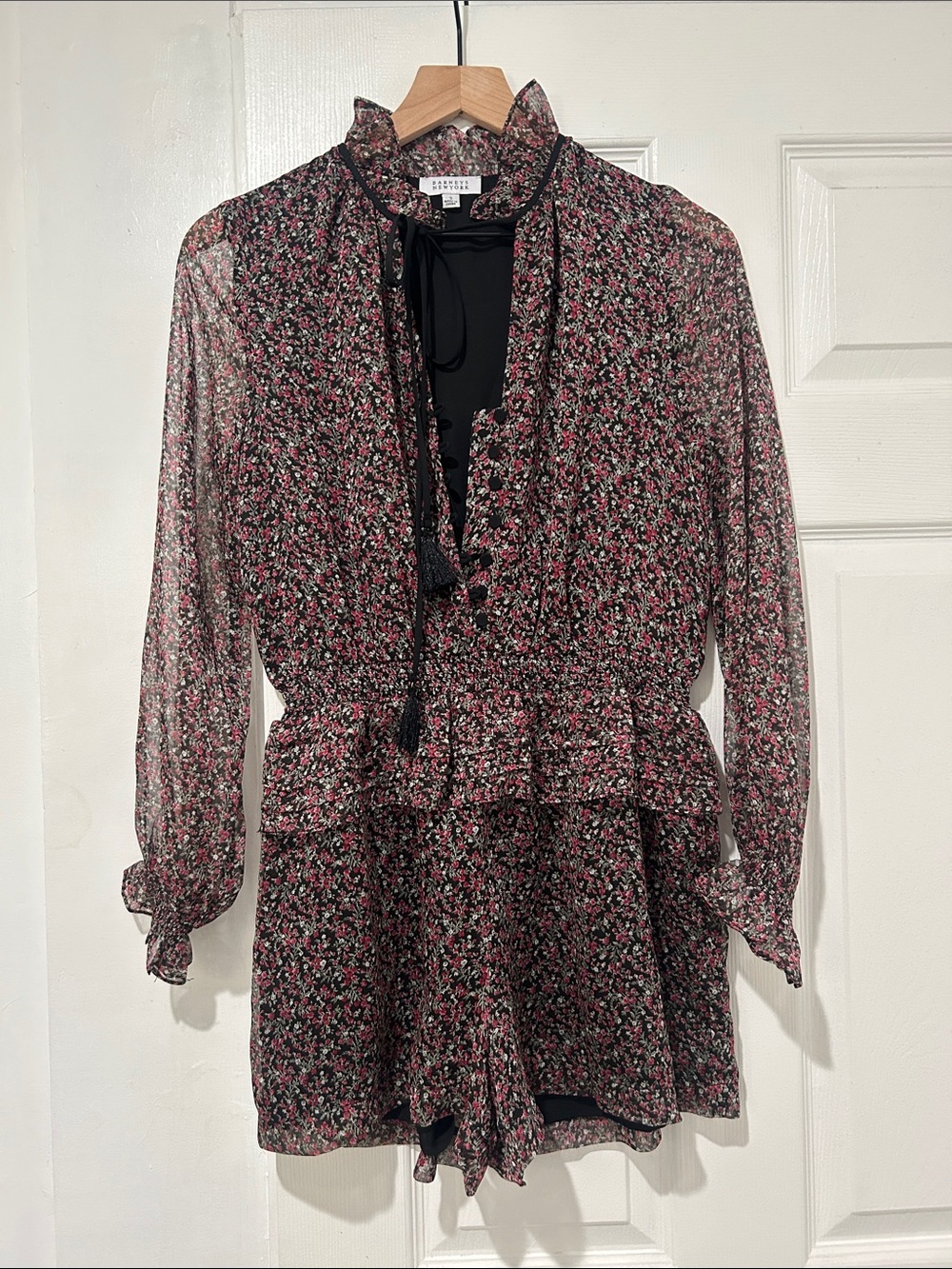 Barneys New York Black Floral Tie-Neck Blouse Romper with Pink Accents